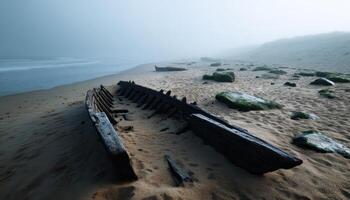 Shipwreck discovery on foggy beach coastal landscape photography tranquil environment wide angle view photo