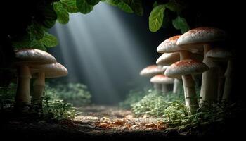 Mushroom gathering in enchanted forest nature photography mystical atmosphere dreamy lighting photo