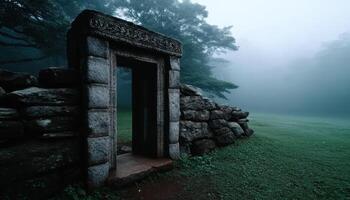 Mysterious foggy doorway ancient ruins photography enigmatic landscape low angle evocative atmosphere photo