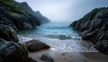 Misty coastal landscape rocky beach photography seaside tranquil viewpoint nature's serenity photo