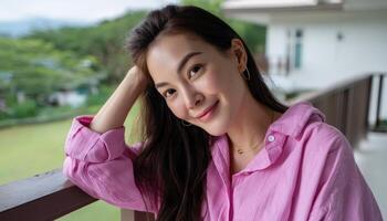 Relaxing portrait of a woman in pink shirt outdoors lifestyle photography natural setting bright mood photo