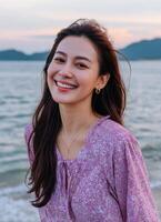 Joyful woman smiling at sunset beach lifestyle portrait coastal environment natural beauty photo