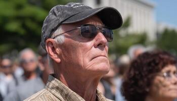 Wise old soldier eyes reflecting memories stands photo