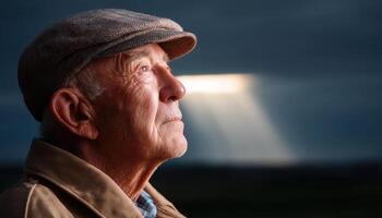 Reflective elderly man gazing at light outdoors portrait photography serene atmosphere side view hopefulness photo