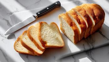 Slicing freshly baked bread kitchen food photography bright environment top view culinary delight photo