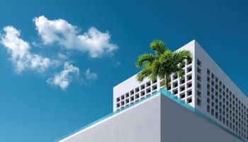 Creating a tropical rooftop oasis urban landscape modern architecture bright blue sky aesthetic design inspiration photo