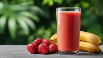 Refreshing smoothie preparation with strawberries and bananas in a lush green setting photo