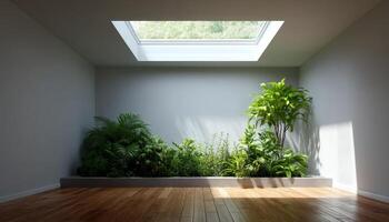Indoor garden oasis with skylight modern home nature scene bright atmosphere serene viewpoint photo