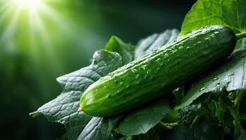 Harvesting fresh cucumbers organic garden food photography lush green environment close-up shot healthy eating photo