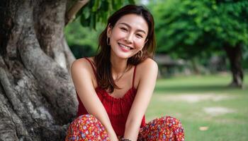 Joyful woman smiling in nature outdoor portrait vibrant environment relaxed viewpoint lifestyle concept photo
