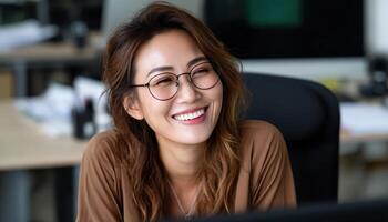 Smiling professional woman at office desk business environment portrait positive vibe photo