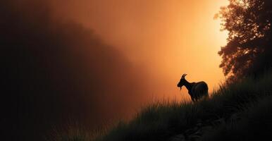 Majestic goat silhouetted against golden sunset mountain landscape nature photography tranquil environment side view photo