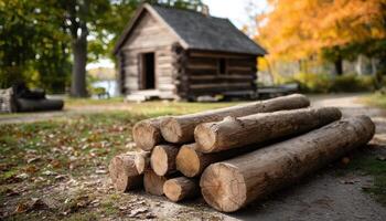 Log stacking workshop rustic cabin educational event autumn forest ground level sustainable practices photo