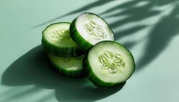 Refreshing cucumber slices food preparation kitchen bright lighting close-up view healthy snack ideas photo
