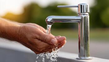 Washing hands at a modern faucet in a bright outdoor setting capturing hygiene and cleanliness photo