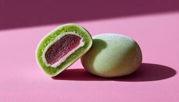 Delicious mochi dessert with red bean filling studio food photography minimalist close-up perspective photo