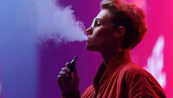 Vaping action urban environment portrait photography neon lighting close-up perspective photo