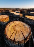 Logging action in forest tree stumps nature photography clearcut environment ground level view sustainability concept photo