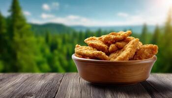 Delicious fried chicken bites in a rustic setting nature background food photography photo