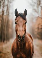 Majestic horse portrait in serene forest setting nature photography tranquil environment photo