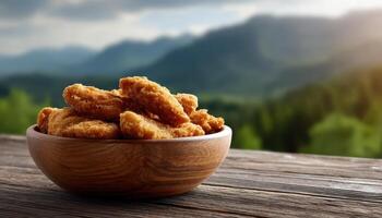 Crispy chicken wings scenic mountain view food photography outdoor dining close-up deliciousness photo