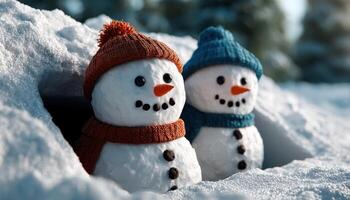 Joyful snowmen play in winter wonderland outdoor scene festive atmosphere close-up view photo