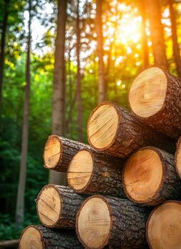 Logging activity in forest wooden logs nature scene vibrant environment close-up view for sustainable practices photo