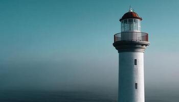 Captivating lighthouse view at sunrise coastal landscape aerial photography in serene atmosphere photo