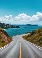 Winding coastal road journey scenic bay landscape photography sunny environment coastal view photo