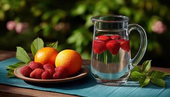 Refreshing fruit infused water with strawberries and oranges outdoor setting photography nature close-up health photo