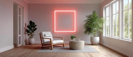 Cozy modern living room with neon accent bright and airy interior design inspiration photo