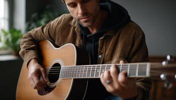 Strumming acoustic melodies cozy room music performance intimate setting close-up view creative expression photo