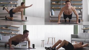 A fit young man engages in a series of workout routines at home, showcasing push-ups, core exercises, and stretching. The well-lit living room setting adds to the vibrant atmosphere of healthy living. video