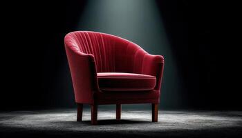 Elegant red armchair spotlighted in dark studio furniture photography minimalist design photo