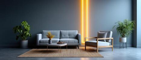 Modern living room design with neon accents indoor space interior photography minimalist style eye-level view photo