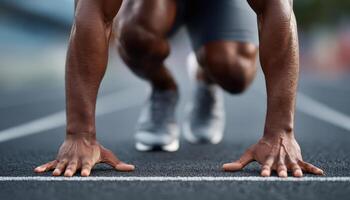 Athlete preparing for race track field sports photography urban environment close-up view competitive spirit photo