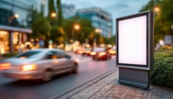 Urban traffic scene with blank billboard city street advertising display evening dynamic perspective photo