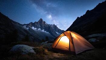 Camping adventure under starry skies mountain range night photography serene landscape wide angle nature exploration photo