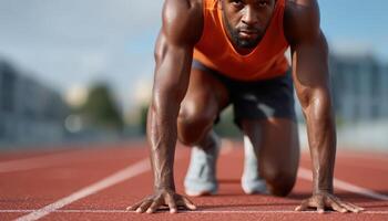 Runner preparing for sprint race on track outdoor stadium sports action dynamic viewpoint photo