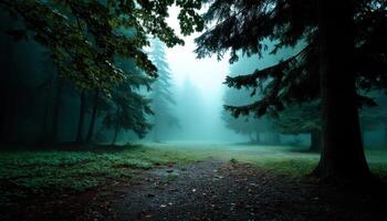 Mysterious foggy forest scene enchanted woods image capture tranquil environment serene viewpoint photo