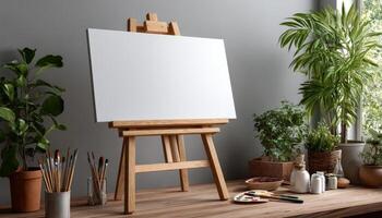 Artistic inspiration blank canvas on easel cozy studio photography natural light creative space photo