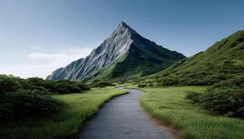 Majestic mountain hike serene valley nature photography lush greenery wide angle adventure concept photo