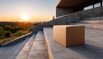 Sunset package delivery on modern steps urban environment outdoor setting photo