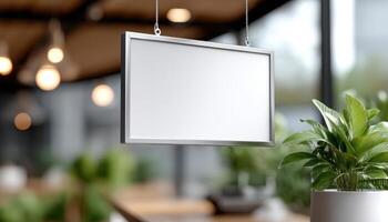Showcasing blank signage displays in a modern indoor minimalist space with greenery accents for branding opportunities photo