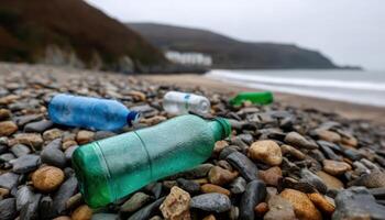 Plastic waste pollution on a beach shoreline coastal cleanup environmental awareness natural landscape photo