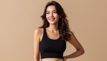Model posing in black sports bra studio setting fashion photography neutral background confident mood photo