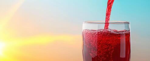 Pouring refreshing red drink at sunset glass beverage serene outdoor setting photo