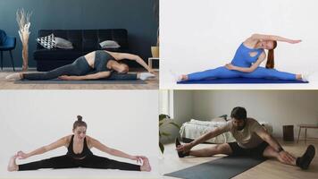 Four individuals demonstrate various stretching exercises in different settings. These athletic people showcase flexibility and focus on maintaining a healthy lifestyle through fitness training. video
