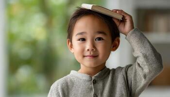 Child balancing book on head in bright indoor setting promoting focus and playfulness photo