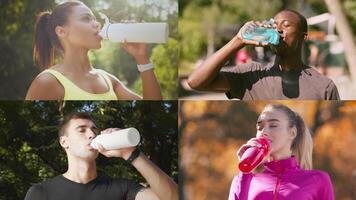 Four individuals engage in fitness activities, taking refreshing sips from their water bottles in a sunny park setting. The scene showcases a vibrant atmosphere filled with energy and motivation. video
